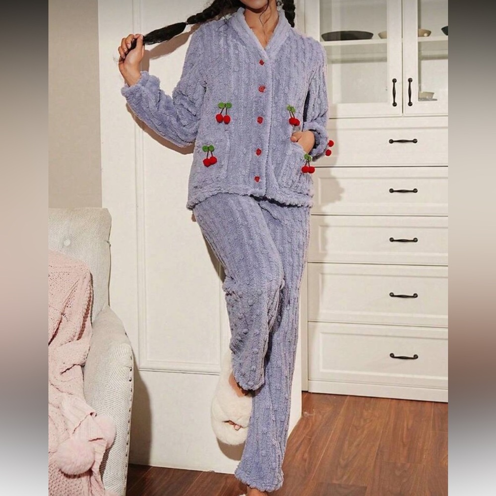 Cozy Textured Teddy Button Down Pants Pajamas Set - Picture 3 of 3